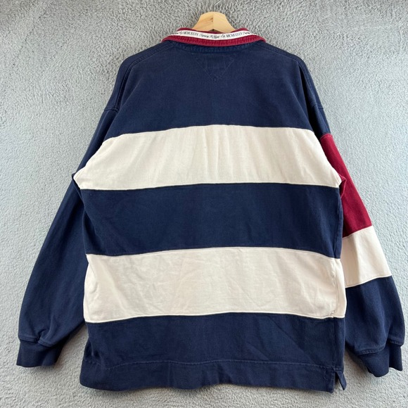 Vintage Tommy Hilfiger Rugby Shirt XL Navy Cream Striped Mens - Picture 2 of 11